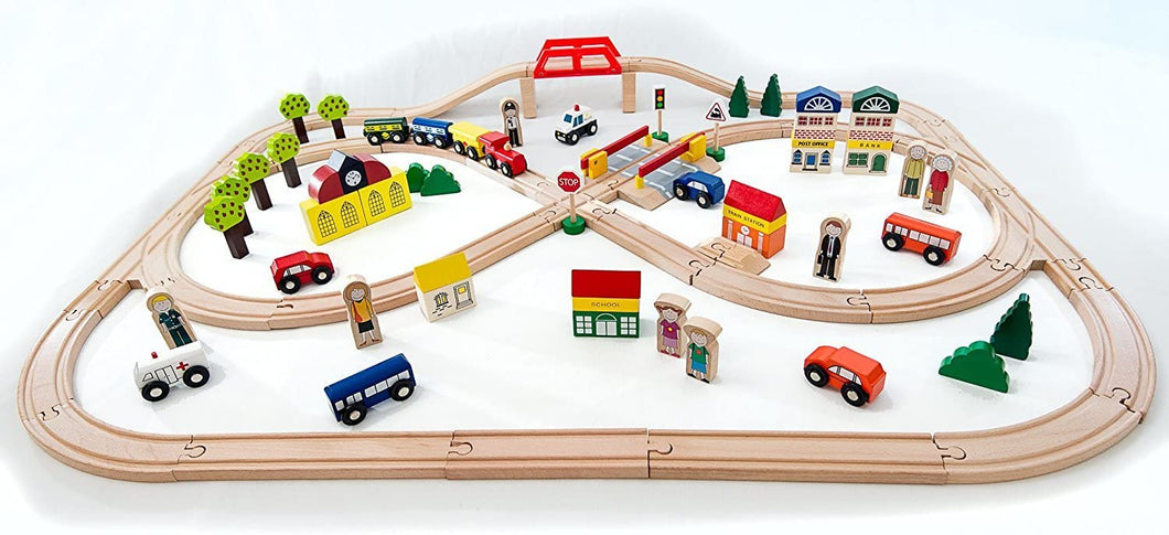 Gamez Galore - Wooden Train Set - 100 Pieces - Compatible with Brio & Bigjigs